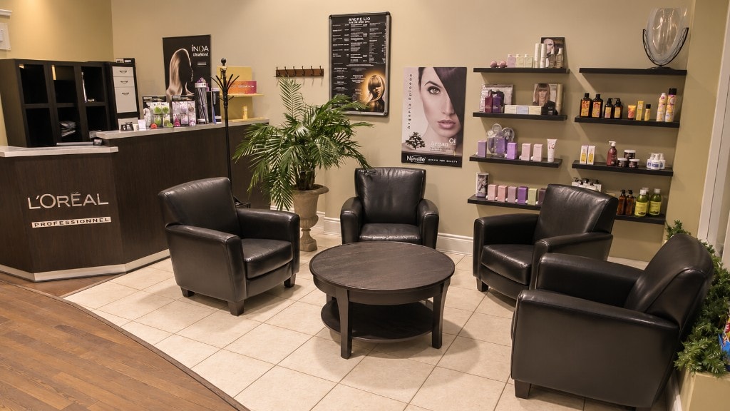 The waiting area at Andrelio Salon & Spa in Ajax